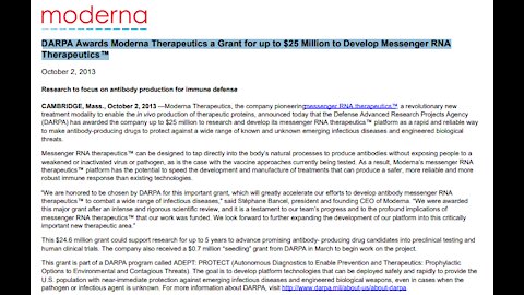 "DARPA otorga a Moderna una subvención de hasta $25 millones para desarrollar ARN mensajero"