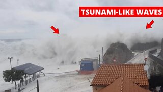 'TSUNAMI-LIKE WAVES' Overrun Small Harbor in Italy During Storm | Tyrrhenian Sea