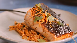 Oven Roasted Ancho Espresso Dusted Salmon - Cilantro and Almond Spanish Rice
