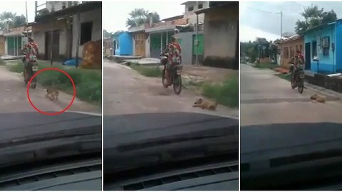 Despreciable mujer arrastra una cachorrita jalándola con su moto por el asfalto