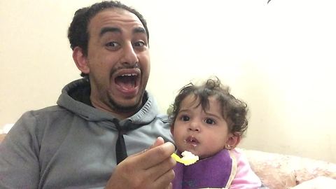 Dad demonstrates best possible ways to spoon feed baby