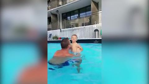 Tot Boy Loses His Swimming Trunks In A Pool