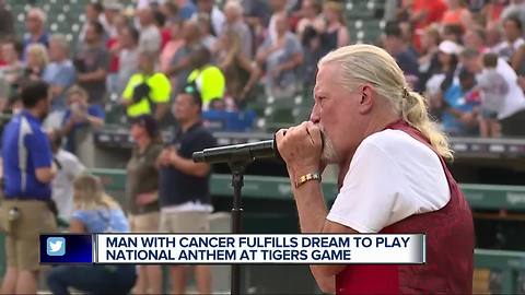 Man with cancer fulfills dream to play national anthem at Tigers game