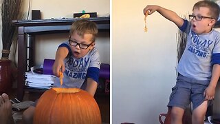 Kid Nearly Pukes From Removing Pumpkin Guts