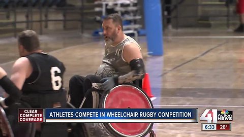 Athletes compete in wheelchair rugby competition