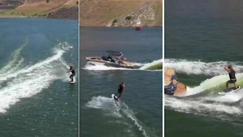 Man doing his best when surfing in the river