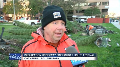 Holiday lights going up in Cathedral Square Park