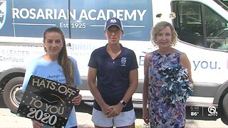 Rosarian Academy faculty deliver graduation gowns to students