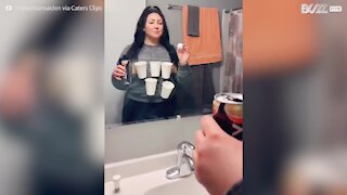 Woman beats quarantine boredom by playing beer pong against herself