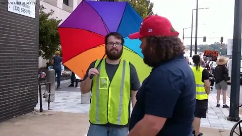 BLM/Antifa Hobbit spins umbrella in my face and makes idle threats