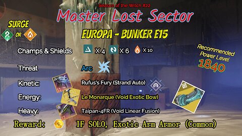 Destiny 2 Master Lost Sector: Europa - Bunker E15 on my Arc Warlock 9-9-23