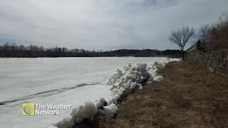 Ice shoves pilling up along the Shawinigan River