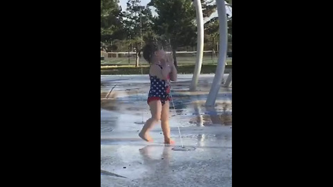 Water fountain blasts little girl right in the face