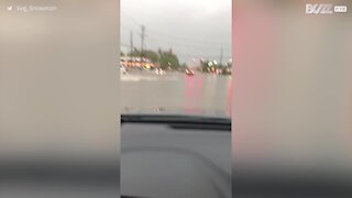 Driver takes the plunge and motors through floods