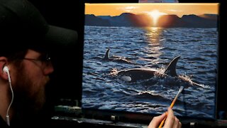 Acrylic Wildlife Painting of Ocean and Orcas (Killer Whale) - Time-lapse - Artist Timothy Stanford
