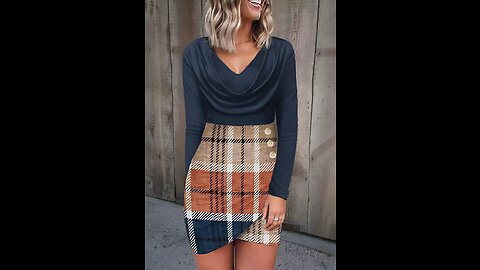 Plaid Color Block Striped Button Wrap Bodycon Dress for Women