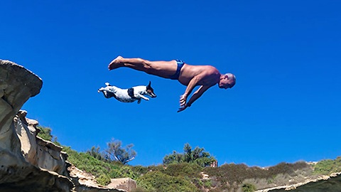 Jack Russell Diving Dog Jumps From Rocks With Her Owner