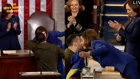 Kamala & Pelosi play with a mic while waiting for Zelensky, Pelosi blows a kiss, kisses his hand and pulls him in for a kiss.