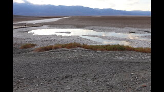 Badwater Basin 4K panoramic view from the parking deck. Death Valley National Park