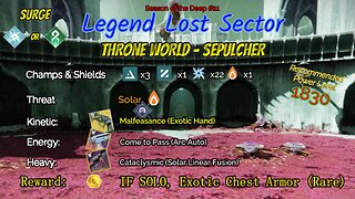 Destiny 2 Legend Lost Sector: Throne World - Sepulcher on my Arc Warlock 6-7-23