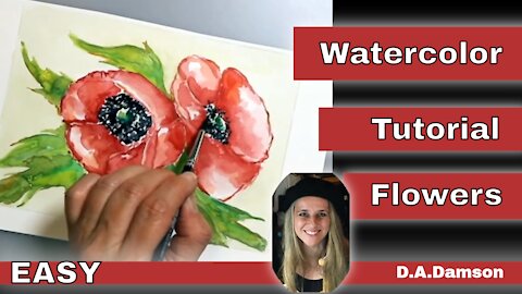 Easy Watercolor how to paint flowers - Poppies - Video Art Tutorial