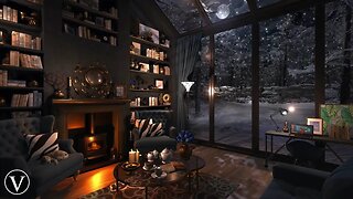 Winter Reading Room | Night Ambience | Wood Stove Fireplace, Wind, Snow & Blizzard Sounds