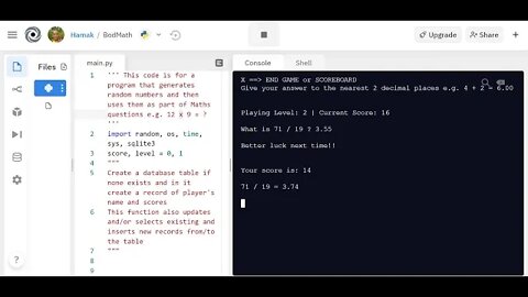 Python BodMath game with Sqlite3 database