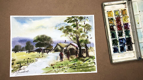 Riverside Two Huts Landscape Watercolor Painting - Using Wet on Wet Technique.