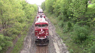 CP 8895 & CP 8650 Engines Manifest Train Eastbound At Denfield Road Bridge Overview