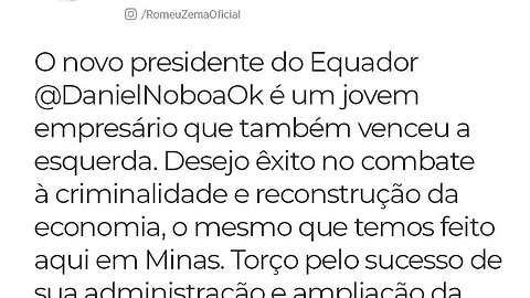 Gobernador de Minas Gerais felicita a Daniel Noboa por su victoria en las elecciones presidenciales​