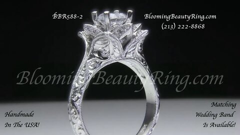 BBR 588-2 Hand Engraved Lotus Diamond Engagement Ring Handmade In The USA!