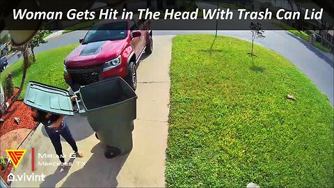 Woman Accidentally Gets Hit in The Head With Trash Can Lid | Doorbell Camera Video