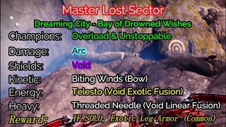 Destiny 2, Master Lost Sector, Bay of Drowned Wishes on the Dreaming City 1-26-22