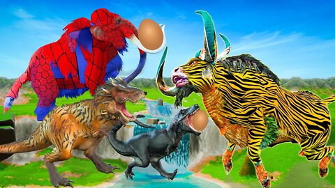 5 Giant Dinosaurs vs Zombie Tiger Bull Fight Cartoon Cow Rescue Saved By Woolly Mammoth Animal Fight