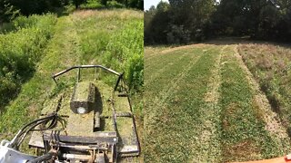 Bush hogging Southern Illinois farm with Bobcat T650 skid steer, Time lapse, deep woods & more.