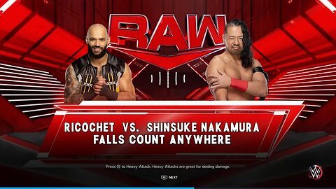 WWE Monday Night Raw Ricochet vs Shinsuke Nakamura in a Falls Count Anywhere Match