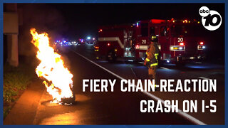 Motorcyclist hurt in fiery chain-reaction crash on I-5