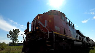 CN 2331 & CN 5633 Engines Autorack Train East Through Ontario TRACK SIDE