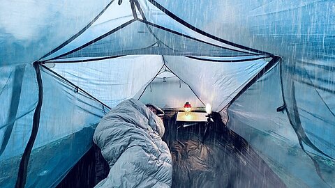 SOLO CAMPING IN HEAVY RAIN WITH HOT TENT • RAIN SOUND RELAXING • ASMR