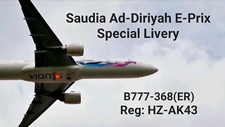 Saudia Ad-Diriyah E-Prix Special Livery on Boeing 777-368 (ER) taking off from LHR London Heathrow
