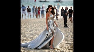 Selena Gomez in a silver dress on a beach in Venice Italy #selenagomez #venice #wonderapp