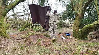 Attaching tarp to the ridgeline. Dartmoor 22nd March 2023