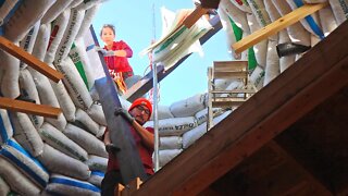 We Install Huge Shou Sugi Ban Timber Posts In The Top Of Our Earthbag Dome