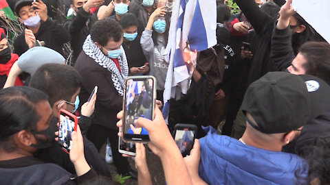 Palestinian protesters burn and desecrate the Israeli flag in Toronto