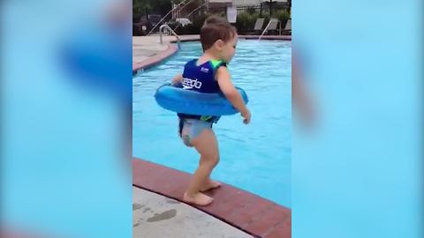 Tot Boy Learns How To Jump Into A Pool