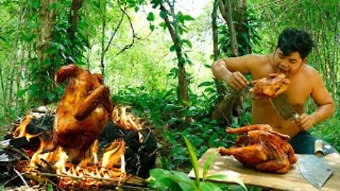 Survival Roasted Chicken BBQ Recipe, Cooking Chicken Honey BBQ Eating So Delicious in Jungle