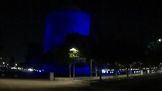 The White Tower blue at night and the fountain of Venus (Aphrodite Fountain) half-lit