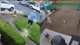 Dad accidentally hits son's head with ball