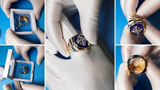 Overview 14K Gold Square Men's Christian Signet Ring with 49 Diamonds and Blue Enamel