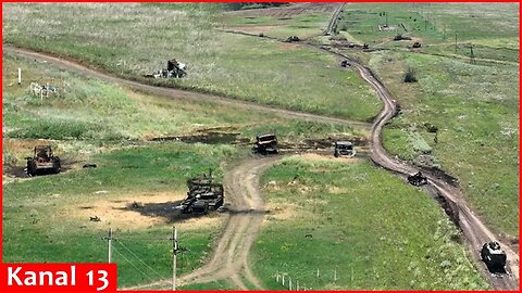 Drone footage of a large number of Russian equipment destroyed along the road on border with Russia